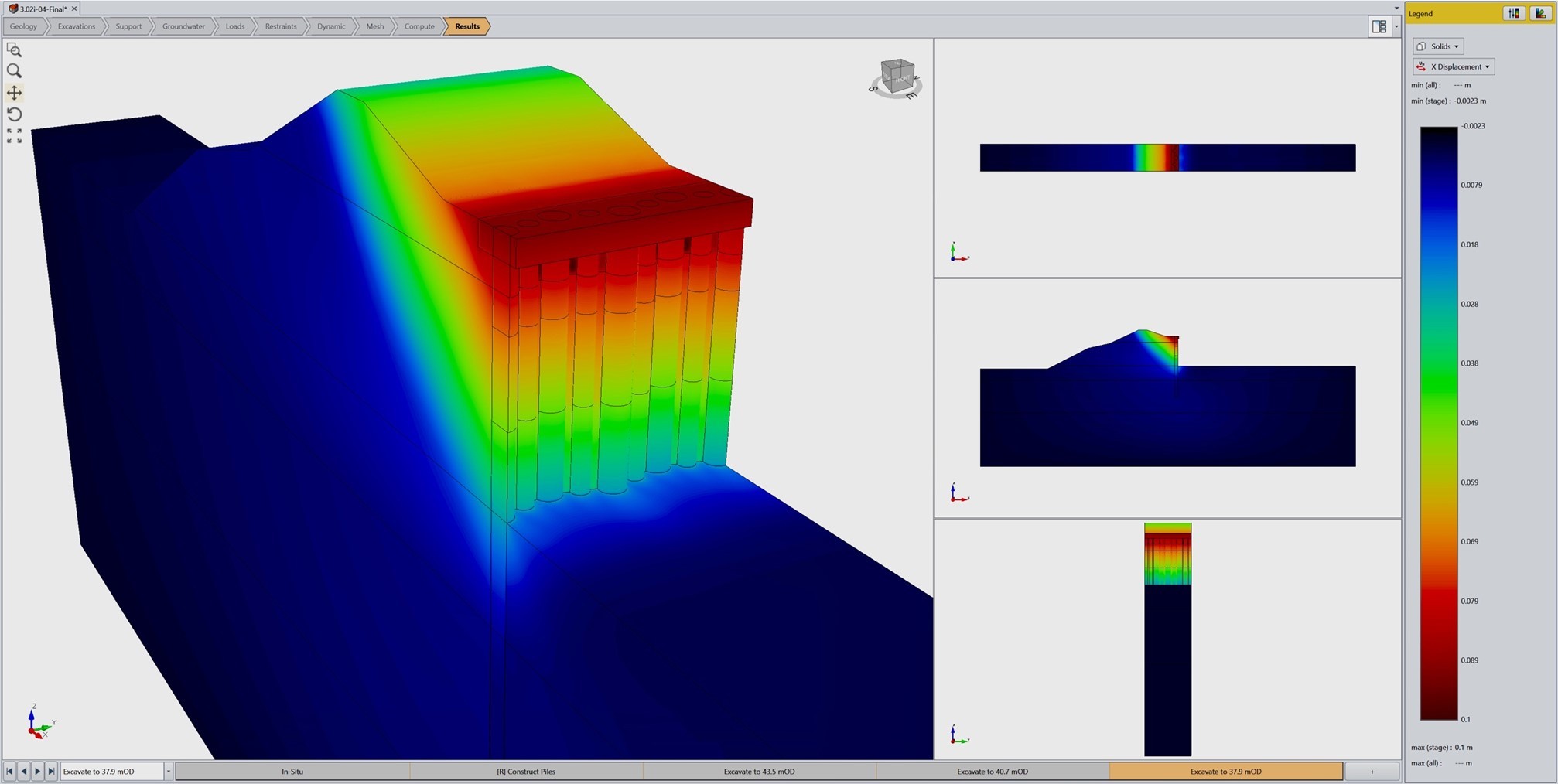 Figure 4: Contours of horizontal (x-direction) displacement at final stage of excavation